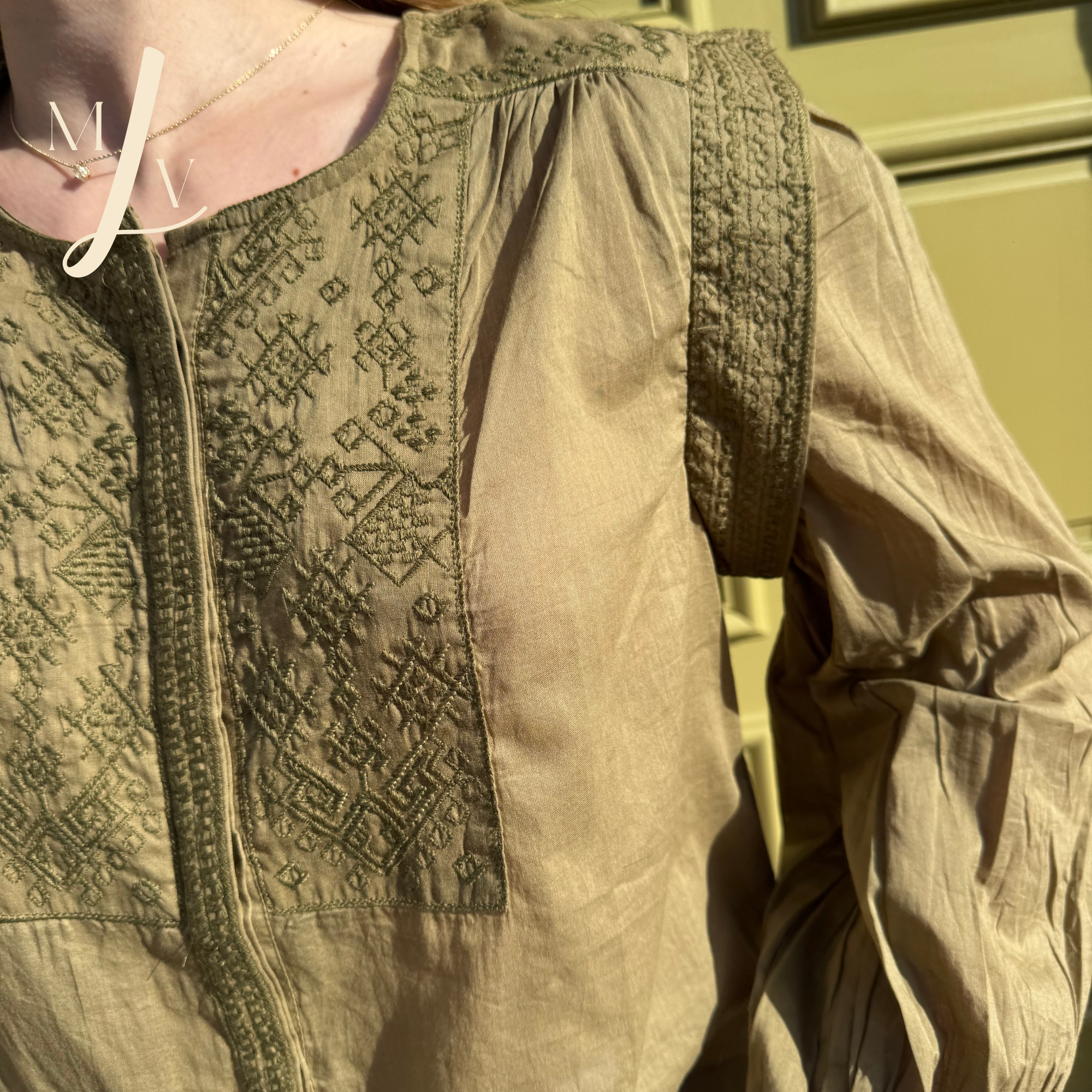 Blouse brodée en voile de coton kaki Havanna 