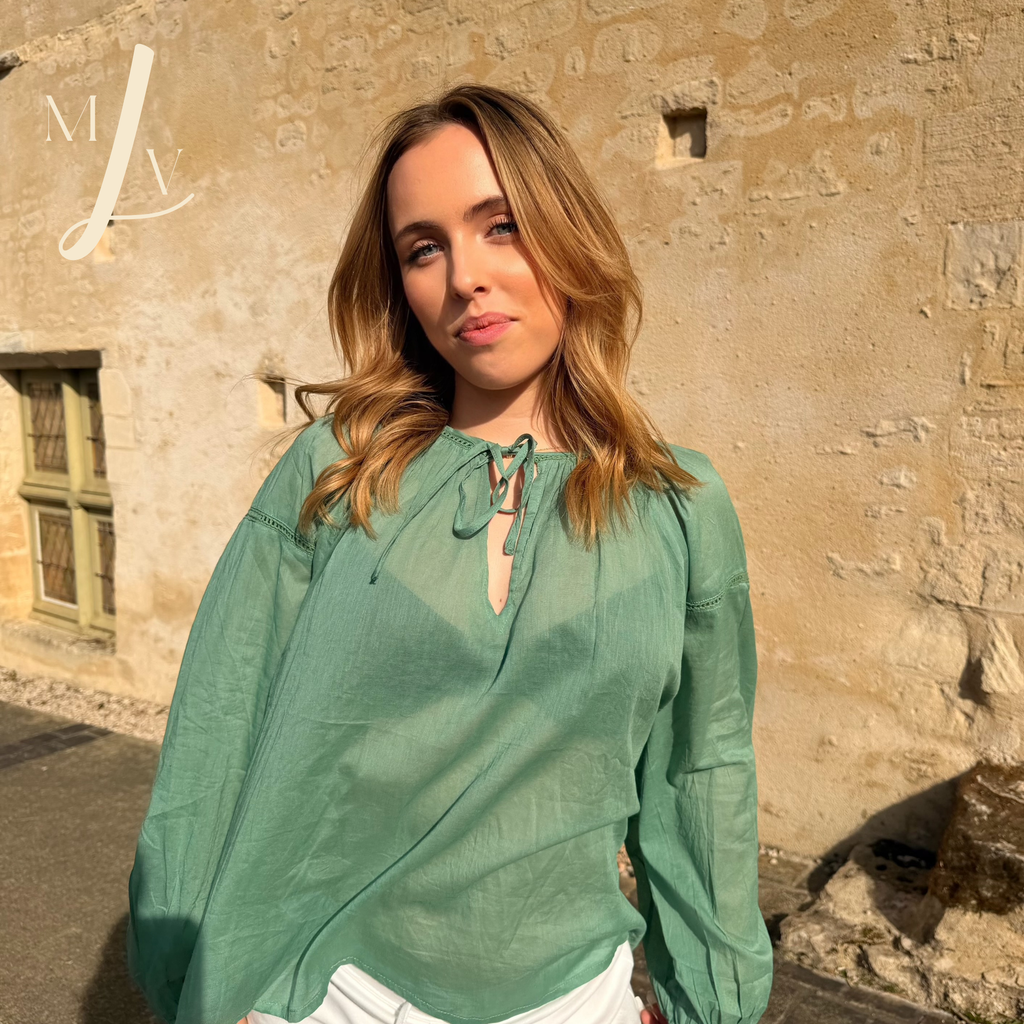 Blouse col V à nouer Elina bleu