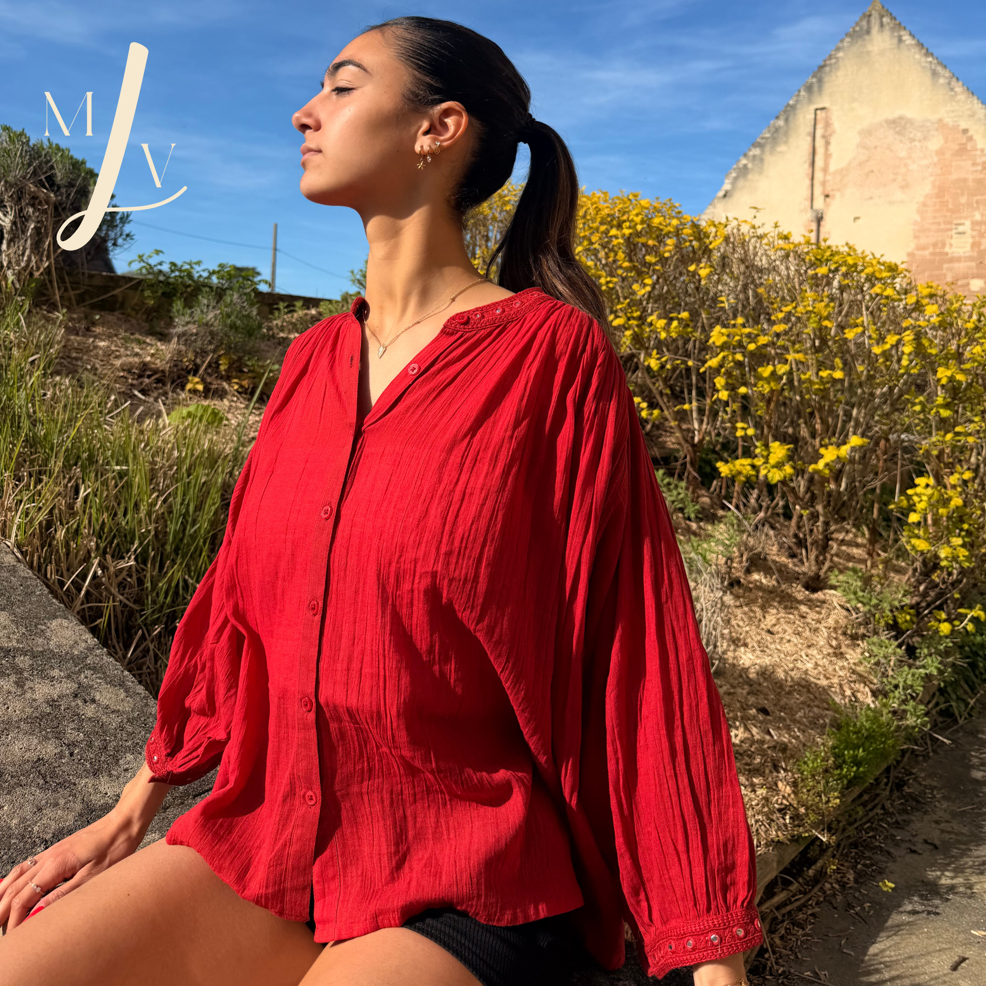 Blouse en voile de coton brodée Mahéna Col esprit Mao