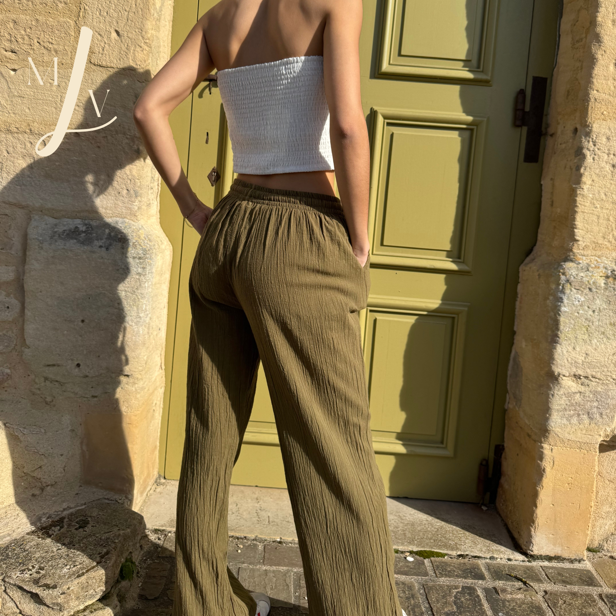 Pantalon droit en coton texturé dos kaki Savanna 