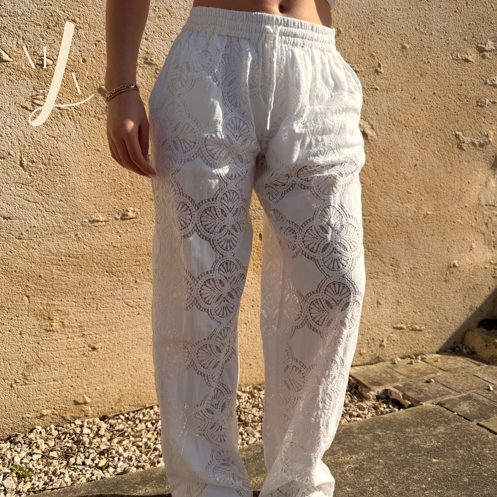 Pantalon large ajouré Ornella dentelle
