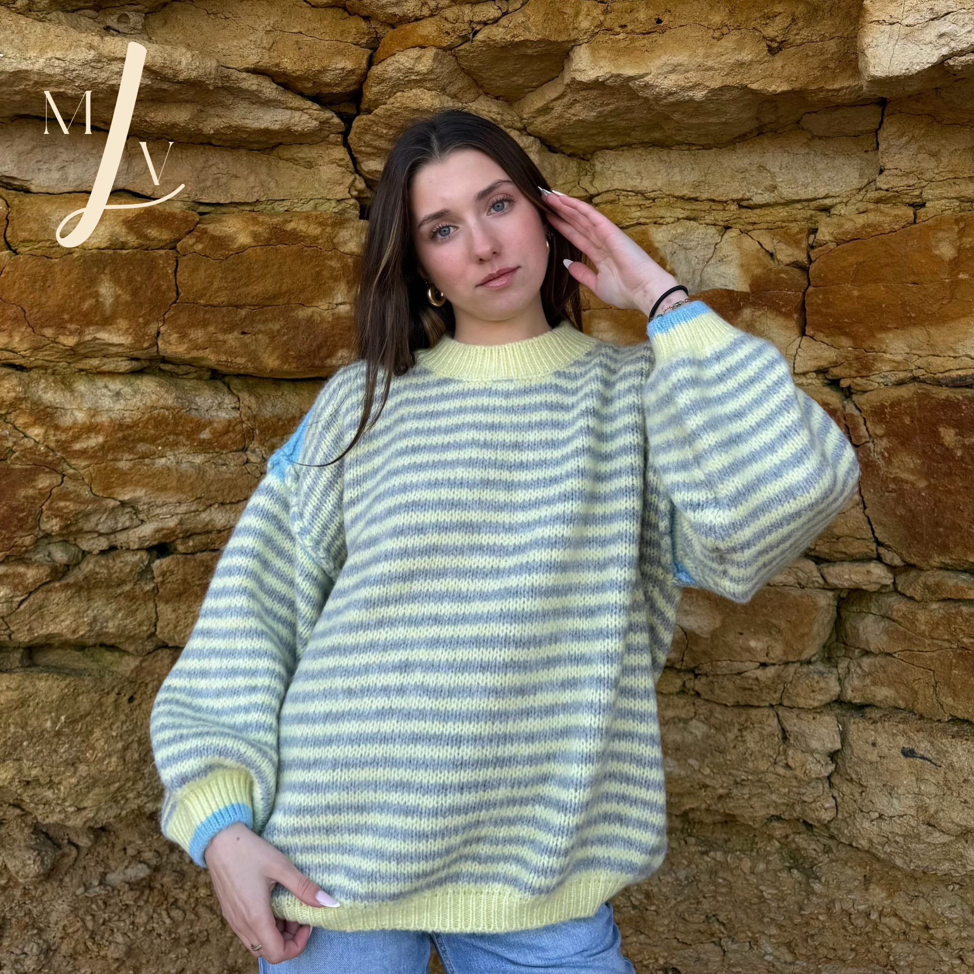 Pull maille Soléa jaune bleu gris